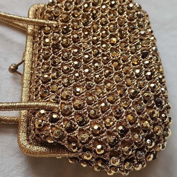 Vintage, Metallic Gold Beaded Purse,small Woven Handbag, with retro green lining - Picture 3 of 12